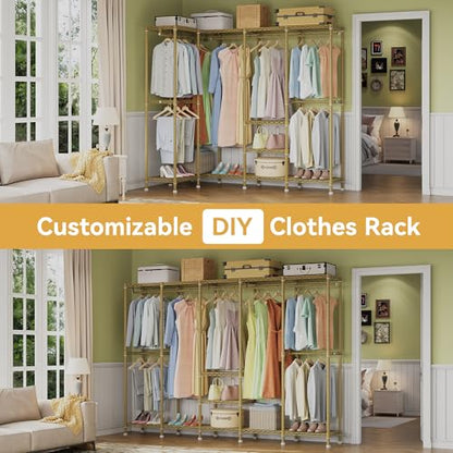 Higeego H5 Heavy Duty Clothes Rack, Freestanding Clothing Rack, Gold | 93.3"Wx15.7"Dx75.4"H, Large Garment Rack, Freestanding Clost Rack for hanging clothes, with Adjustable Shelf, Load 1400 lbs - color: Gold