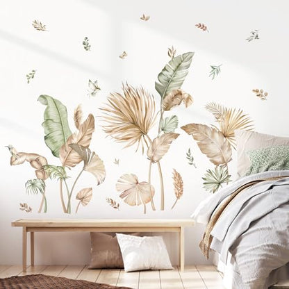 decalmile Boho Tropical Leaves Palm Leaf Green Plants Wall Decals Stickers - color: A