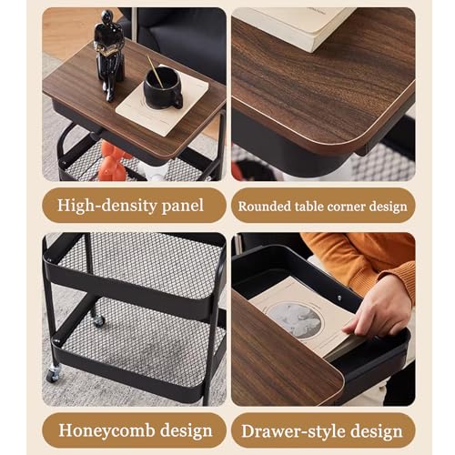 3-Tier Rolling Utility Cart with Drawers, Solid Wood Tabletop Metal Storage Cart, 360° Swivel Wheels & 2 Lockable Casters, Lightweight Mobile Organizer Trolley for Kitchen Living Room Bathroom - color: White