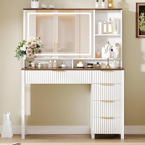 Arulvmrn 43" Large Vanity Desk with 30" HD Lighted Mirror,Modern Vanity Desk with Mirror and Lights, Makeup Vanity with 5 Drawers and Storage Shelves and Charging Station, White2300 - color: White