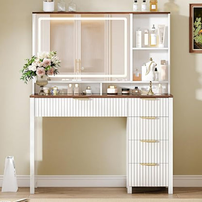 Arulvmrn 43" Large Vanity Desk with 30" HD Lighted Mirror,Modern Vanity Desk with Mirror and Lights, Makeup Vanity with 5 Drawers and Storage Shelves and Charging Station, White2300 - color: White