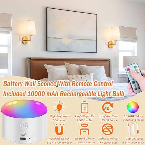 Wall Sconce Battery Operated Wall Light Fixure with Remote Control, Dimmable Battery Operated Wall Sconces Set Of Two, Indoor Wireless Wall Mounted Lamp with Rechargable Bulb For Bedroom Living Room ( - color: Bronze-SetOfTwo