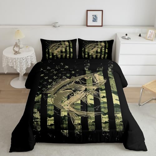 Feelyou Bass Fish Comforter Set Full Size Fisherman Camouflage Bedding Set Pike Fish Camo American Flag Comforter for Women Men Fsihing Lover Room Farmhouse Fishing Bed Set Wild Quilted Set 3Pcs - color: Multi 8009, size: Full