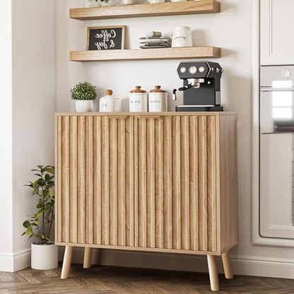 Fluted Buffet Cabinet, Free Standing Sideboard with Storage, Wood Accent Cabinet with Doors & Shelf, Multifunctional Credenza, Sideboard Buffet for Living Room, Dining Room(1, Natural) - color: Natural