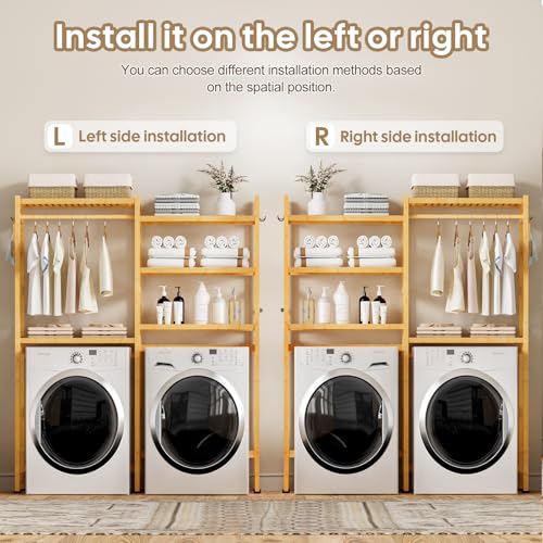 Cozivolife Over The Washer Dryer Storage Shelf: Bamboo 5 Tiers (Natural) | Laundry Room Drying Rack with Adjustable Shelves and 4 Hooks - Space Saver Organizer for Hanging Clothes and Towels - color: Natural