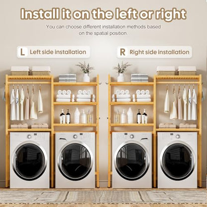 Cozivolife Over The Washer Dryer Storage Shelf: Bamboo 5 Tiers (Natural) | Laundry Room Drying Rack with Adjustable Shelves and 4 Hooks - Space Saver Organizer for Hanging Clothes and Towels - color: Natural