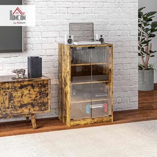 HOMCOM Media Cabinet 4-Tier Stereo Cabinet with Glass Door Rustic Brown | Vinyl Record Player, AV Record Player Stand, Adjustable Shelves, Push-to-Open Glass Doors, Cable Management - color: Rustic Brown