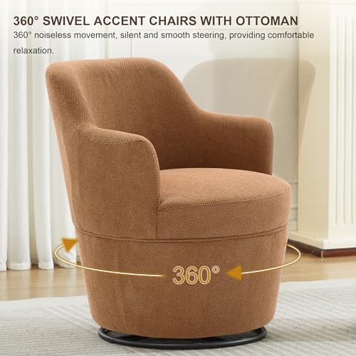LOULENS Swivel Accent Chair with Storage Ottoman, Brown | Linen, Small, Barrel, Reading Chair, Vanity Chair, Comfy Single Sofa, Armchair, For Living Room, Bedroom - color: Brown