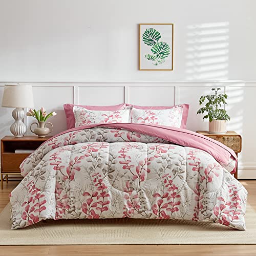 Pink Floral Comforter Sheet Set Bed in a Bag Twin Pink Gray Leaves 6 Pieces Bedding Set (1 Comforter 2 Pillow Shams 1 Flat Sheet 1 Fitted Sheet 1 Pillowcases) - color: Flowers, size: Twin-6 Pieces