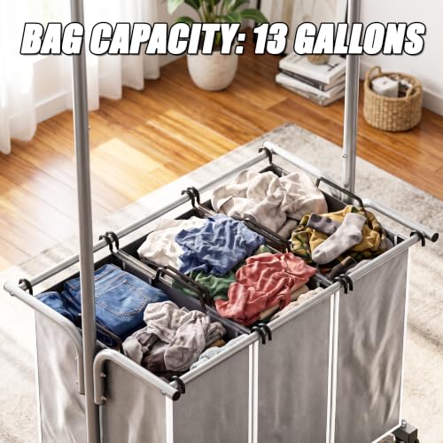 Simple Houseware Laundry Sorter Cart with Hanging Rod, Silver | Extendable Width from 30.6 to 48", Removable 3-Section Laundry Basket - color: Silver