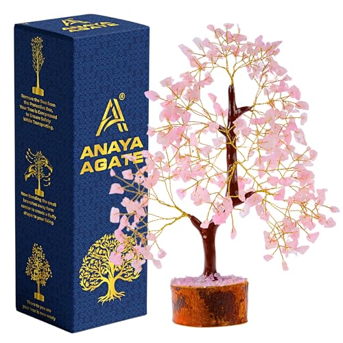 Crystal Tree of Life Rose Quartz Healing Crystal Trees for Home & Office Decor, Handmade Gem Money Bonsai Trees for Positive Energy, Good Luck Decor, Birthday Gifts for Women, Mom - color: Rose Quartz Golden Wire