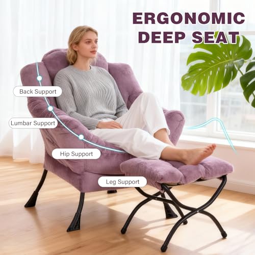 Modern Lazy Chair with Ottoman Lounge Accent Reading Chair for Living Room | Foldable Footstool,Removable Cover,Soft Padded Seat & Backrest,Upholstered Comfy Chair for Bedroom,Dorm,Office,Small Space - color: Plush Purple