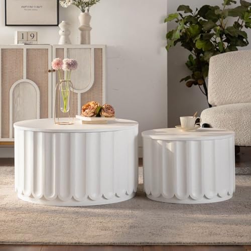 46.46'' White Round Coffee Table Set of 2 with Storage Space & Lift-Off Lid, Modern Circle Fluted Drum Nesting Coffee Table for Living Room, No Assembly, White - color: M3-46.46in-white