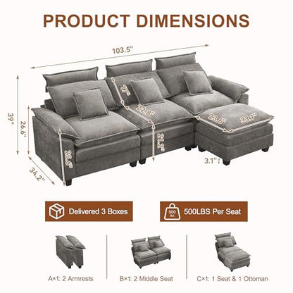 103'' Modular L Shaped Sofa, Cloud Deep Seat Sofa Couch with Ottoman, Detachable Headrest, 3 Seater Sectional Sofas for Living Room, Apartment, Studio, Light Grey - color: Light Grey, size: L Shaped Couch