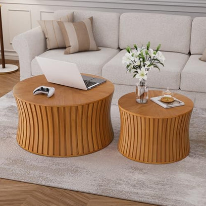 Modern Round Coffee Table Set of 2 Nesting Wood Fluted End Table Set | Drum Side Table, Circle Accent Tables, For Living Room Bedroom Balcony Office, Small Space - color: Natrual