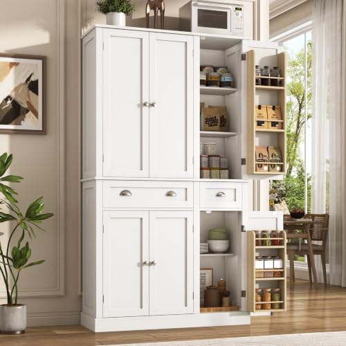 71"H Tall Kitchen Pantry Cabinet with LED Lights,39"W Modern Large Kitchen Hutch Cabinet w/6 Door Shelves,2 Large Drawer,Freestanding Food Pantry w/Adjustable Shelves for Kitchen,Dining Room,White - color: White