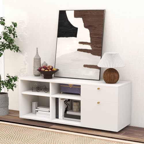 Giantex TV-Stand for Bedroom Entertainment Center - Modern TV Console Cabinet with 2 Drawers, 4 Compartments, Adjustable Feet, Media TV Storage Cabinet for Small Spaces, Entryway, Living Room, White