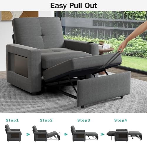 Sunny Heart 42.5" W Oversized Sleeper Chair Bed, 3-in-1 Convertible Reclining Sofa Chair with Pull Out Couch Bed, Adjustable Backrest, Side Pockets, Cup Holder, USB Ports & Table, Premium Dark Grey - color: Dark Grey, size: 42.5 inch
