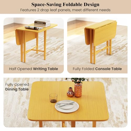 COSTWAY Square Drop Leaf Dining Table, 36" Compact Folding Kitchen Table | Solid Rubber Wood Legs, Farmhouse Extendable Table for for 2-4 People, Dining Room, Small Space, Apartment, Natural - color: Natural