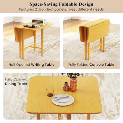 COSTWAY Square Drop Leaf Dining Table, 36" Compact Folding Kitchen Table | Solid Rubber Wood Legs, Farmhouse Extendable Table for for 2-4 People, Dining Room, Small Space, Apartment, Natural - color: Natural