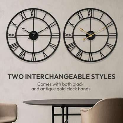24 Inch Wall Clocks for Living Room Decor,Roman Numeral | Silent Non Ticking,Battery Operated,Durable Black Metal Wall Clock for Dinning Room, Entryway & Home Office - size: 24 Inch