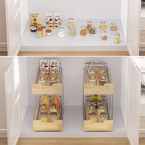 Sikarou Pull Out Cabinet Organizer,Heavy-Duty Slide Out Shelf, Wood and Wire Basket, Pull Out Drawer for for Kitchen Under Sink Space, Pantry, Bathroom, 2 Tie 9 * 21 in - size: 2-TIE 9*21 WM