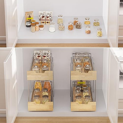 Sikarou Pull Out Cabinet Organizer,Heavy-Duty Slide Out Shelf, Wood and Wire Basket, Pull Out Drawer for for Kitchen Under Sink Space, Pantry, Bathroom, 2 Tie 9 * 21 in - size: 2-TIE 9*21 WM