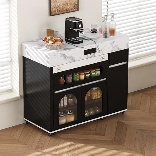 Extendable Dining Table with Extra-Long Folding Top, Rolling Kitchen Island with Storage Cabinet, Drawers & Brake Lock, Sturdy Mobile Cart for Kitchen, Dining Room & Open Spaces (Black2) - color: Black2