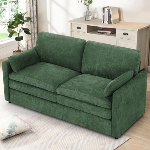 69" Chenille Soft Sofa w/Well-Filled Backrests, Green | Modern Loveseat w/Plump Pillows, 2 Seater Upholstered Couch w/Thick & Comfy Cushions for Living Room, Bedroom - color: Green, size: Loveseat