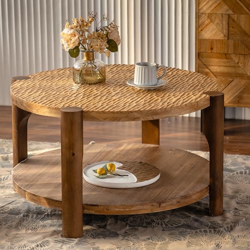34.65'' Round Coffee Table Wood, Modern Unique Farmhouse Wooden Circle Coffee Table Contemporary Vintage Rustic Center Table Retro End Side Tea Table for Living Room, Office, Apartment, Natural - size: 34.65''D×34.65''W×18.7''H