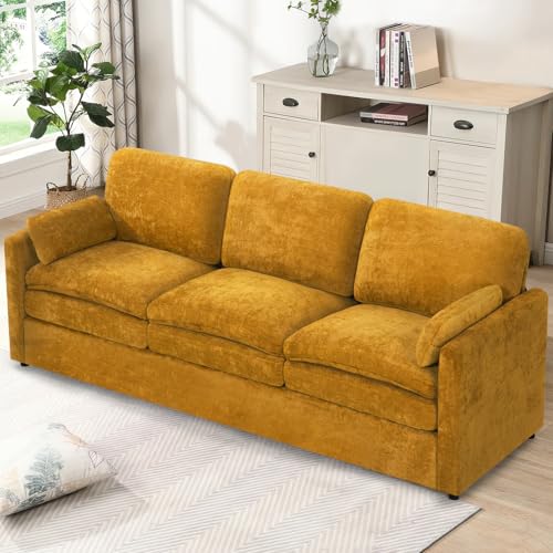 89" Chenille Soft Sofa w/Well-Filled Backrests, Yellow | Modern Couch w/Plump Pillows, 3 Seater Upholstered Couch w/Thick & Comfy Cushions for Living Room, Bedroom - color: Yellow, size: Sofa