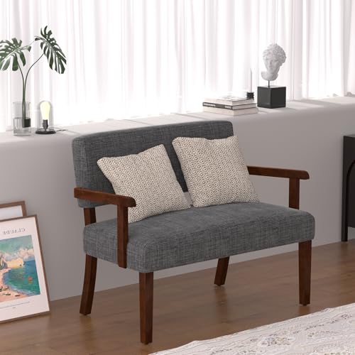 Accent Chair 2 Seat, Upholstered Reading Leisure Chair, Bench with Solid Wood Frame (Gray) - color: Grey, size: Bench