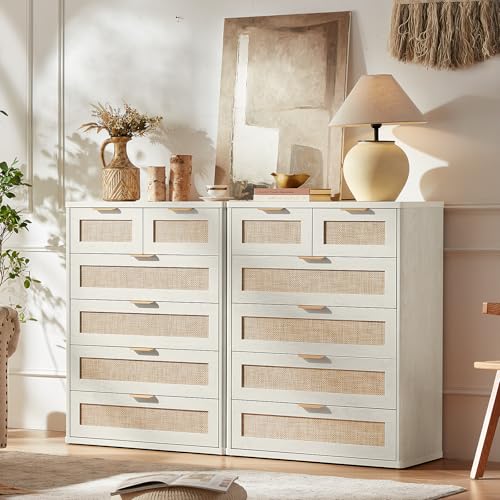 LEYAOYAO Rattan Dresser for Bedroom, 41" Tall Chest of Drawers | Gold Metal Handle, Grey White Modern 6 Drawers Boho Dressers with Storage for Living Room, Hallway - color: Grey White, size: 15.5"D x 31.5"W x 41"H (6 Drawers)