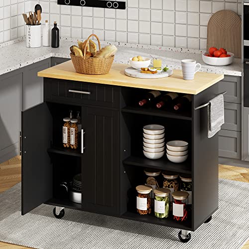 Kitchen Island Cart on Wheels with Storage Cabinet & Drawer, 42" Multifunction Kitchen Cart Cabinet with Shelves, Cart Handle for Towel Rack or Free Mobility,Black - size: 42-IN