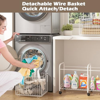Rolling Laundry Cart with Wheels,76L Laundry Hamper Sorter Trolley with Extra Shelf,2 Removeable Collapsible Wire Storage Basket