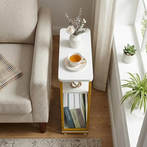 Narrow Side Table,3-Tier Slim End Table with Storage Shelf,Modern Sofa Table Thin Side Table for Small Spaces, Skinny Bedside Table Small Nightstand with Magazine Rack Space Saving/White+Gold - color: White+gold