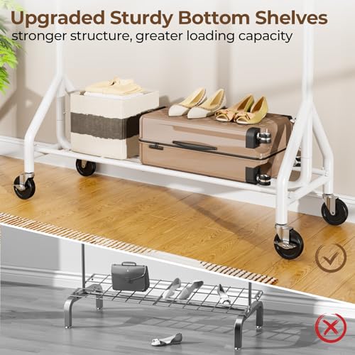 HYSEYY Heavy Duty Clothes Rack Load 450 LBS, Metal Garment Rack, Standing Rolling Clothing Rack for Hanging Clothes with Sturdy Wheels & Shelves, Portable Closet Wardrobe Rack,White - color: White
