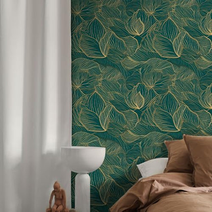 Gold Peel and Stick Wallpaper, 17.71in x 118.1in Self-Adhesive Removable, Gold/Green Contact Paper, Waterproof Vinyl for Bedroom, Living Room, Cabinets - color: Wallpaper-03, size: 17.7" x 118.1"