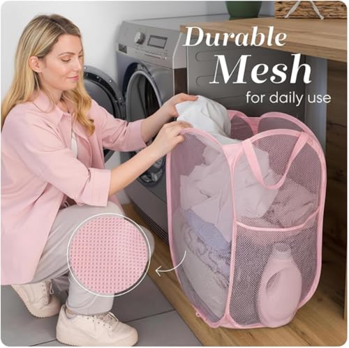 Handy Laundry Collapsible Mesh Pop Up Laundry Hamper with Side Pocket, Breathable & Space-Saving Foldable Basket for Clothes, Toys, Travel, Storage, 14 x 13 x 24 in, Pink - color: Pink