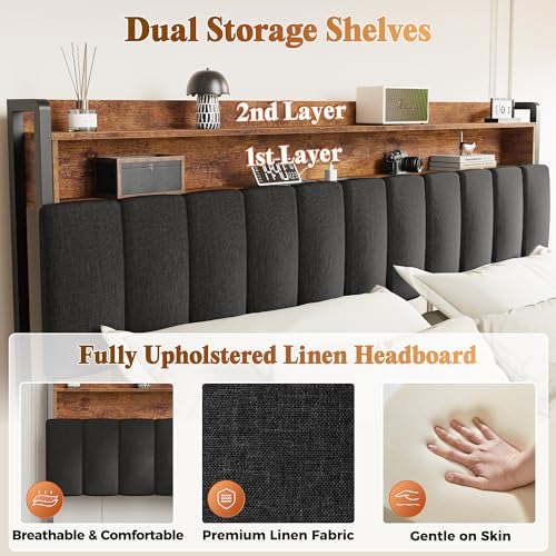 Bed Frame King Size with Upholstered Headboard & Charging Station, King Bed Frame with 4 Storage Drawers, 2-Tier Open Shelves, No Box Spring Needed, Slient Foam Strip, Easy Assembly, Black - color: Rustic Brown and Black, size: King