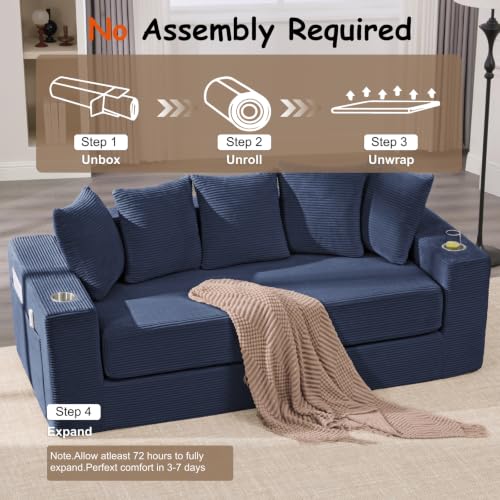 76" Convertible Sofa Bed, Corduroy Boneless Couch with Cup Holders & Pocket | 2-in-1 Sleeper Sofa, Pull-out Couch Bed with 5 Pillows, Living Room, Small Spaces, Bedroom, No Assembly - color: 76" Blue
