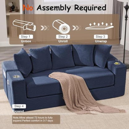 76" Convertible Sofa Bed, Corduroy Boneless Couch with Cup Holders & Pocket | 2-in-1 Sleeper Sofa, Pull-out Couch Bed with 5 Pillows, Living Room, Small Spaces, Bedroom, No Assembly - color: 76" Blue
