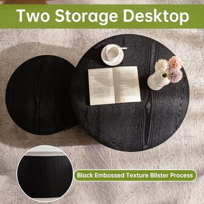 26 inch Round Black Fluted Nesting Coffee Table Set of 2, A Large | Spray Painting Finish, For Living Room, Nested Crescent Side Table, Nestable Design, Mid-Century Modern, For Small Spaces - color: A Large