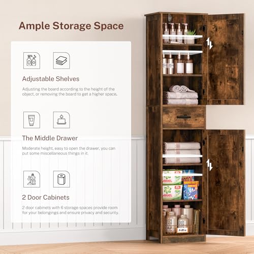 TEENFON Tall Bathroom Cabinet, Storage Cabinet with 6 Shelves & Drawer, Bathroom Storage Cabinet with Adjustable Shelves, Tall Cabinet for Living Room, Home Office, Brown - color: Brown