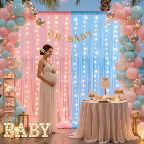 10ft x 8ft Pink Blue Tulle Photo Backdrop Curtain with Lights String for Gender Reveal Sheer Curtain Back Drop Baby Shower Backdrop for Boy or Girls Birthday Party Photo Booth Background Decorations - color: Pink Blue, size: 10ft x 8ft ( 5ft(W) x 8ft(H),