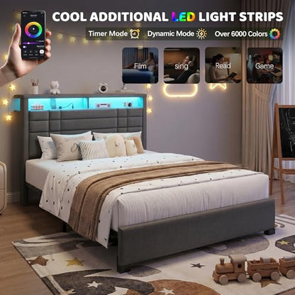 EnHomee Full Upholstered Bed Frame with Charge Station & LED Lights, Grey | 2-Tier Shelves Headboard, 12" Under-Bed Storage Space, Noise-Free, No Box Spring Needed, Easy Assembly - color: Grey, size: Full