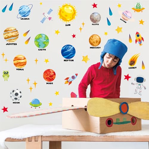 Outer Space Wall Decals 4 Sheets 58 Pcs Planets, Rocket & Astronaut Wall Stickers Removable Nursery Decor for Kids Bedroom, Playroom, Classroom Peel & Stick Space Theme Decals for Boys Girls - color: Outer Space