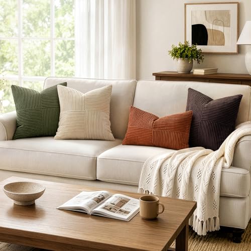 MIULEE Natural Beige Decorative Throw Pillow Covers for Couch 16x16 Inch | 2 Pack, Boho Farmhouse Pillow Covers, Soft Cross Corduroy Patchwork Textured Cushion Cases For Bed Sofa - color: Natural Beige, size: 16" x 16" (Pack of 2)