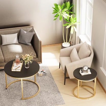 Nesting Coffee Table, 23.6" Round Coffee Table Set of 2, Wooden Nesting Table Set with Metal Frame, Side Tables for Living Room Bedroom Balcony, Black - color: Black