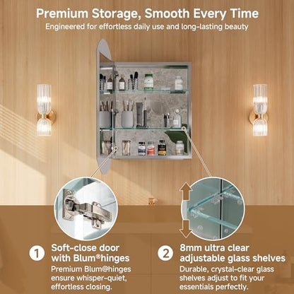 20"x32" Oval Bathroom Medicine Cabinet with Mirror, Reversible installation | Recessed or Surface Mount Medicine Cabinets with Adjustable Glass Shelves, Soft-Closed Hinge, Chrome Aluminum Frame - size: 20" x 32"